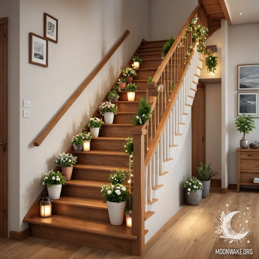 Деревянная лестница, украшенная цветочными горшками и гирляндами света.