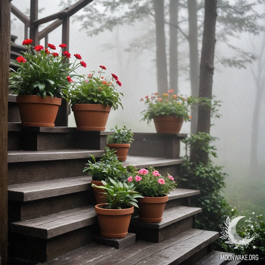 Деревянная лестница, украшенная цветочными горшками, окутанная густым туманом.