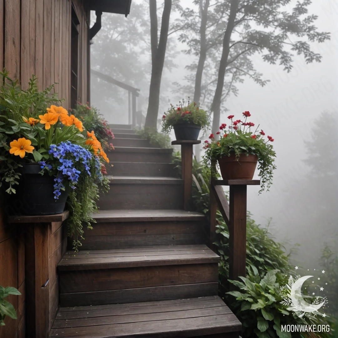 Деревянная лестница, окутанная густым туманом, украшенная цветочными горшками.
