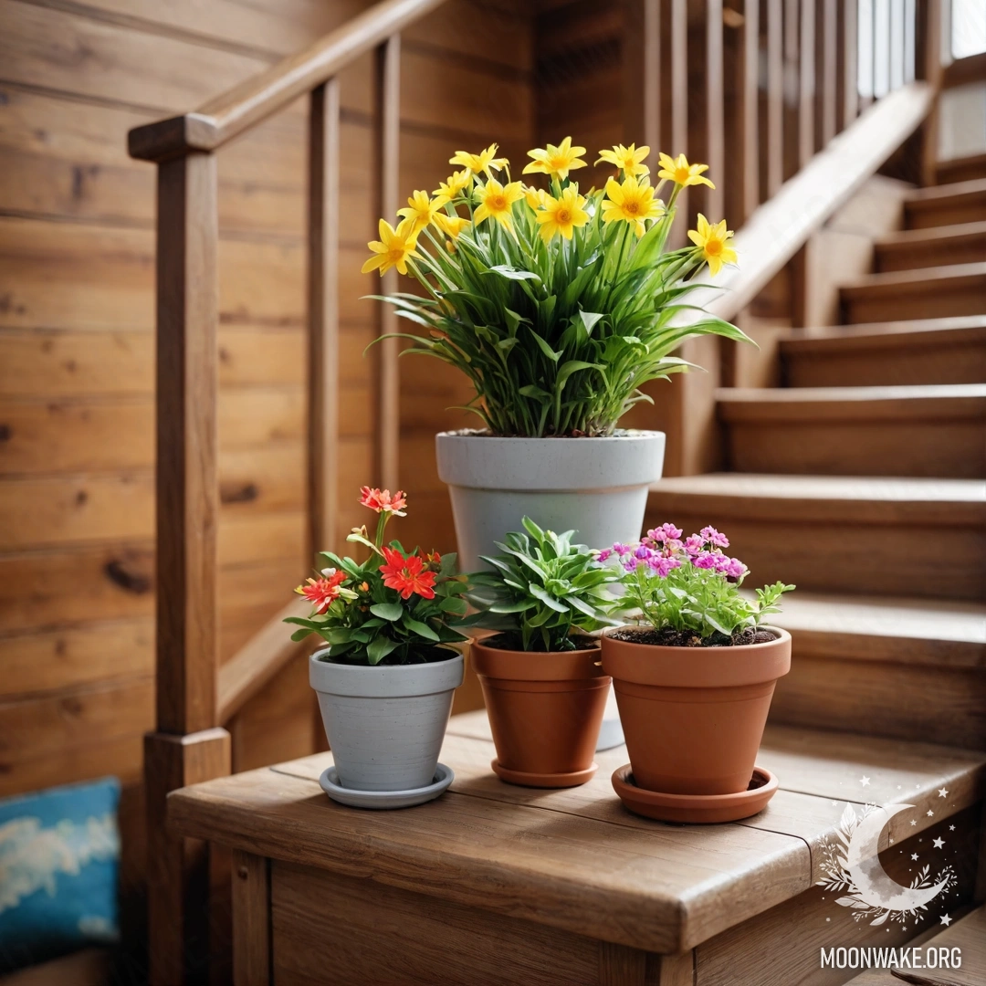 Деревянная лестница, украшенная горшками с цветами, создающая уютную атмосферу.