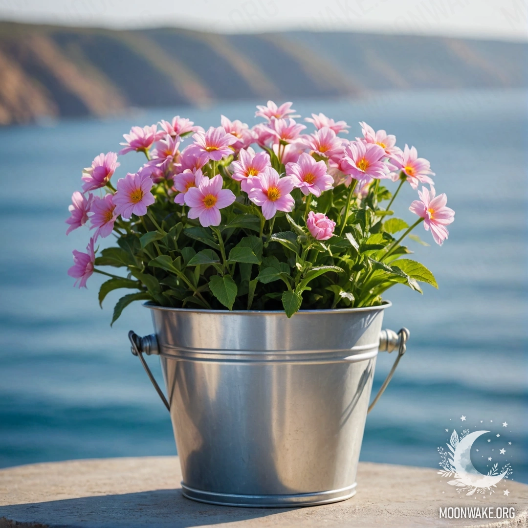 Небольшое металлическое ведерко, полное цветов, на фоне морского боке.