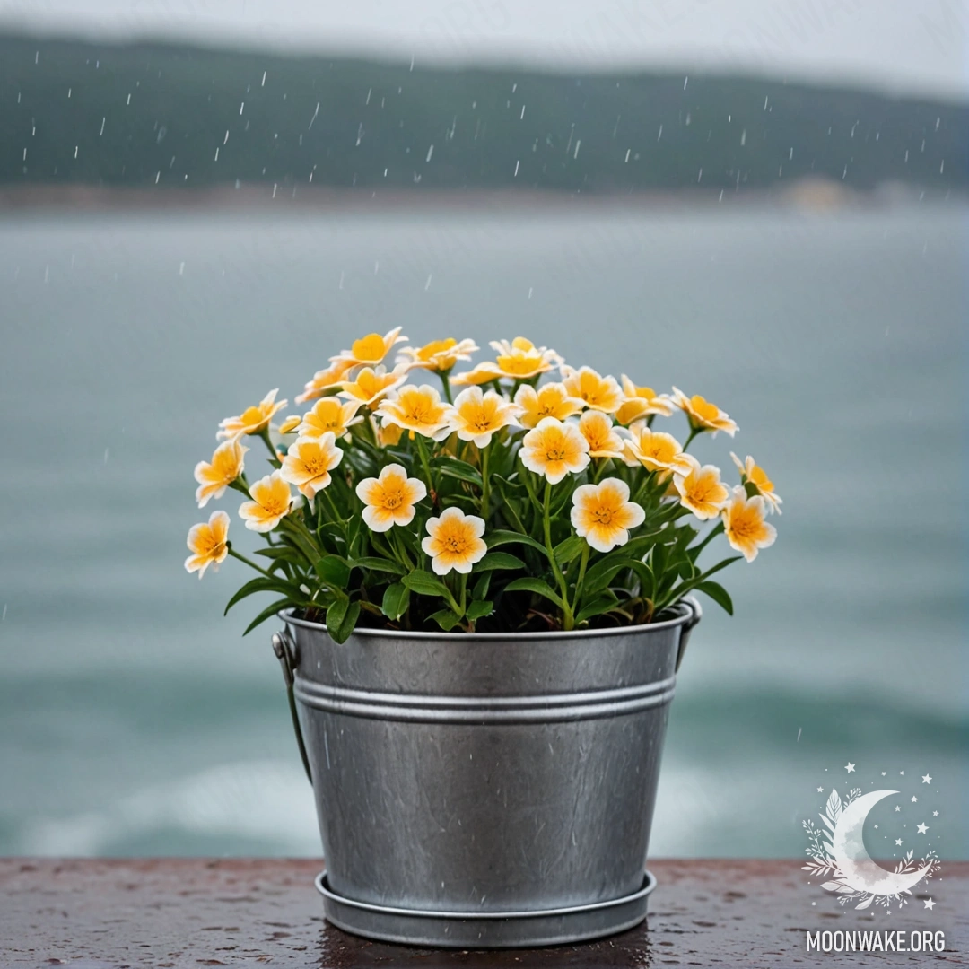 Небольшое металлическое ведерко с цветами на фоне размытого моря под дождем.