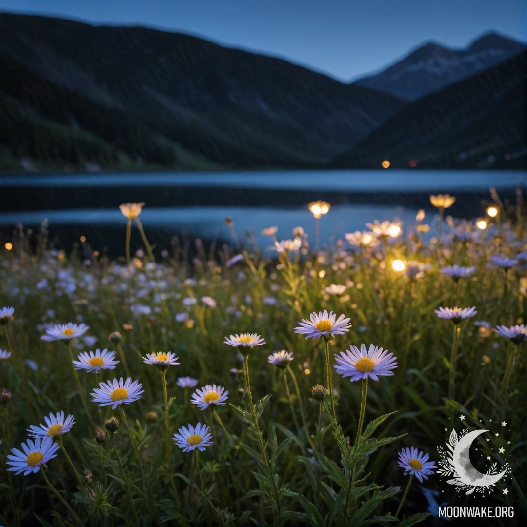 Крупный план уютных полевых цветов на фоне размыто горного озера ночью.