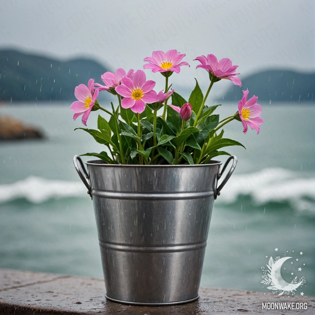 Металлический цветочный горшок в форме небольшого ведра с уютными цветами на фоне размытого море под дождем.