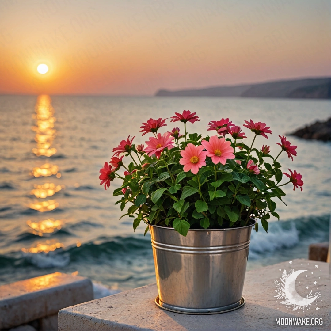 Уютные цветы в металлическом цветочном горшке в форме маленького ведерка на размытом фоне моря на закате.