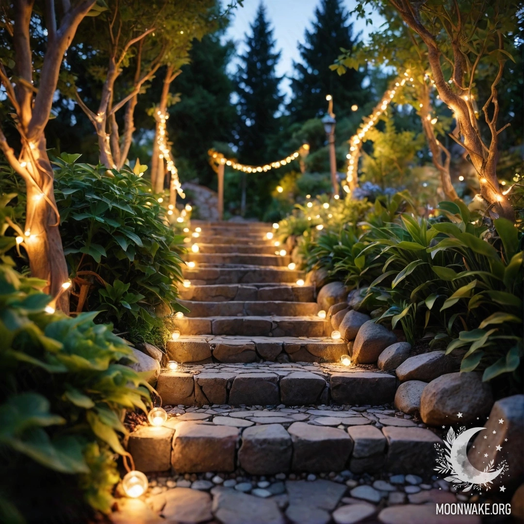 Живописный сад, украшенный светящимися гирляндами, с каменной дорожкой и деревянной лестницей на фоне заката.