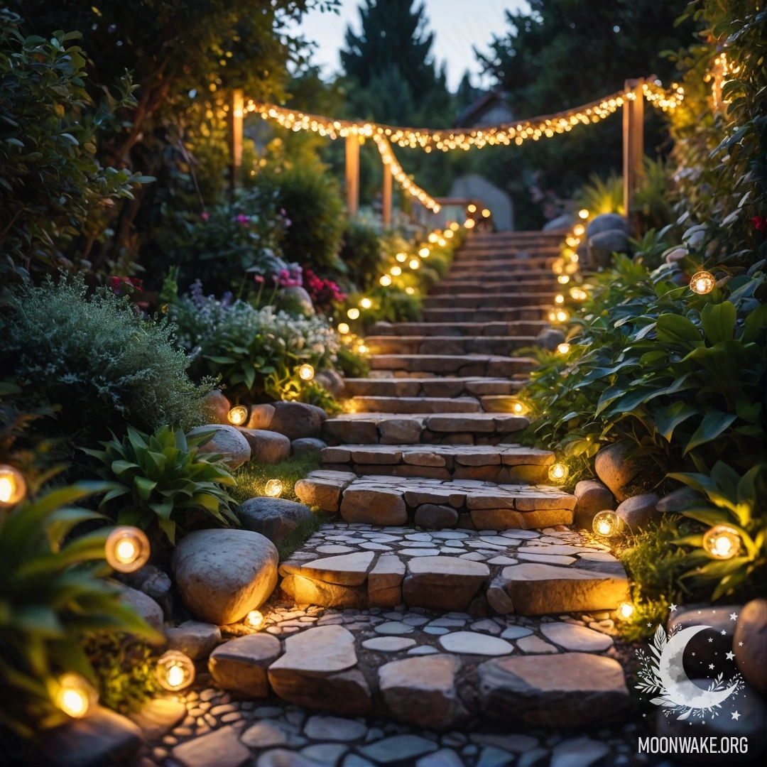 Уютный сад, украшенный световыми гирляндами, каменной дорожкой и деревянной лестницей на закате.