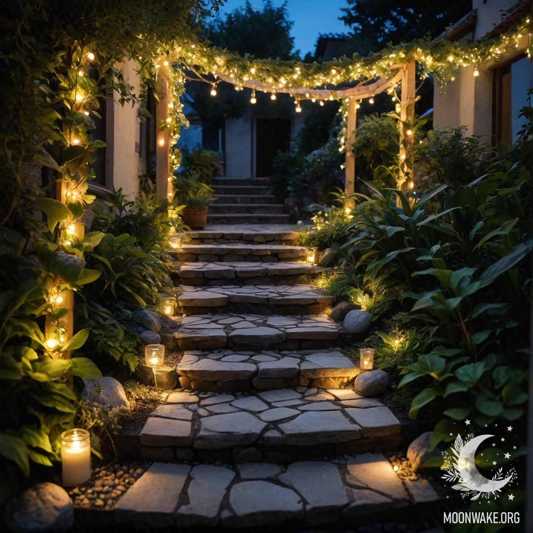 Уютная садовая тропинка из камней, деревянная лестница и гирлянды, освещающие сад ночью.