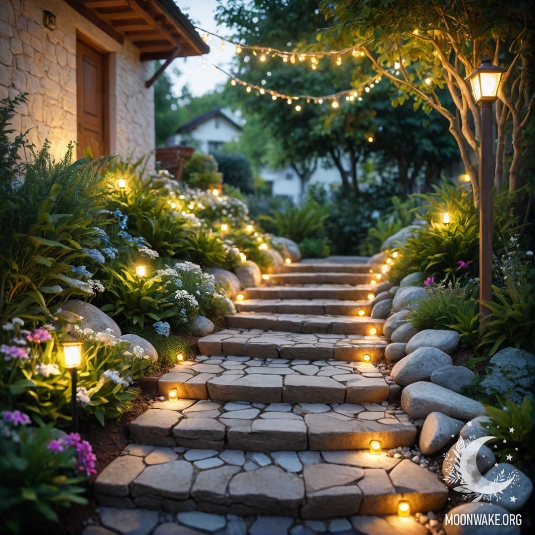 Живописная садовая дорожка, украшенная гирляндами света и деревянной лестницей под солнечными лучами.