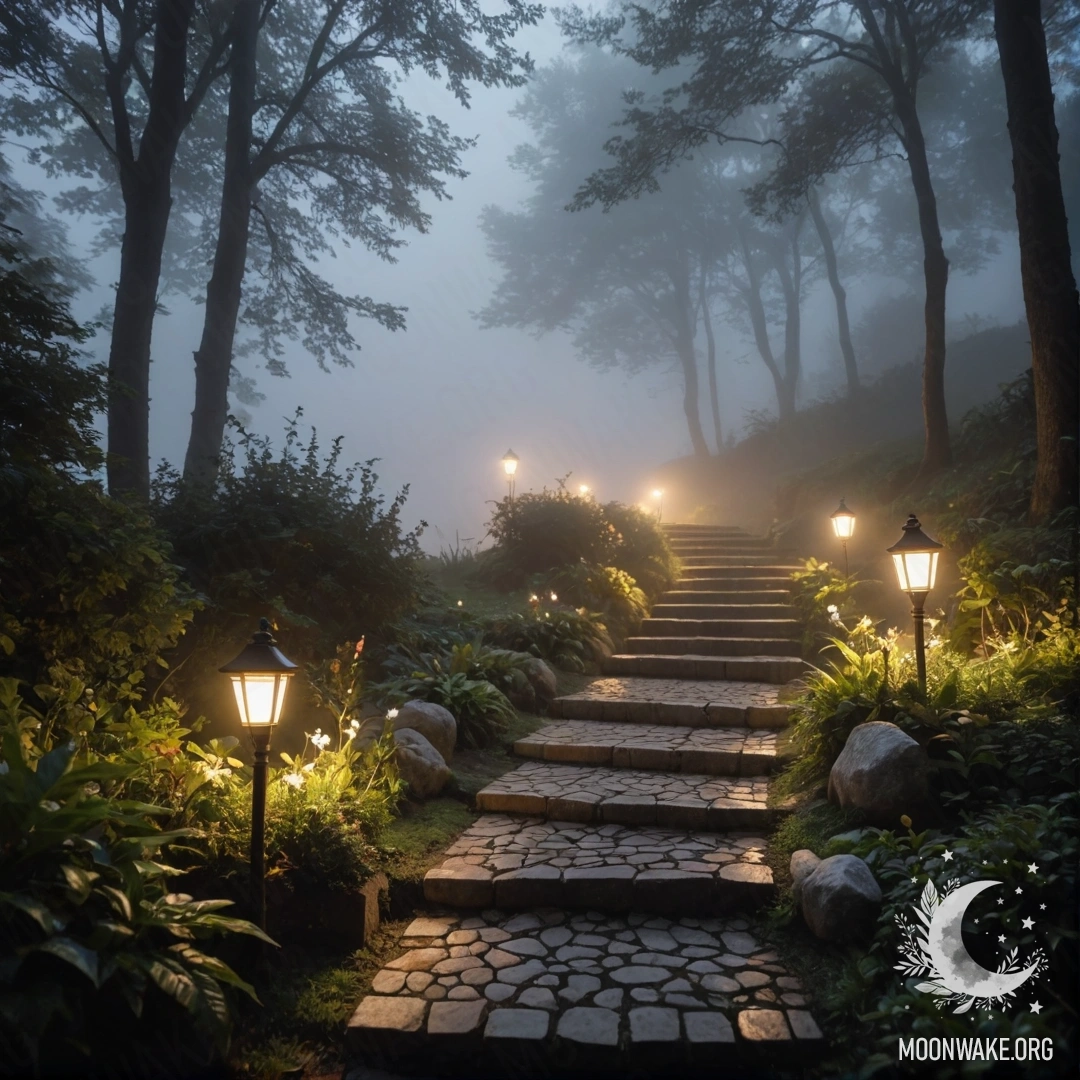 Спокойная садовая сцена с каменной дорожкой и деревянной лестницей, украшенной светлячками в плотном тумане.