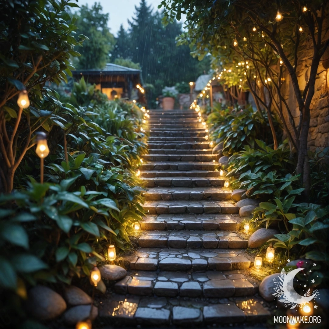 Очаровательный садовый путь с каменными плитами и деревянной лестницей, освещенный световыми гирляндами под нежным дождем.