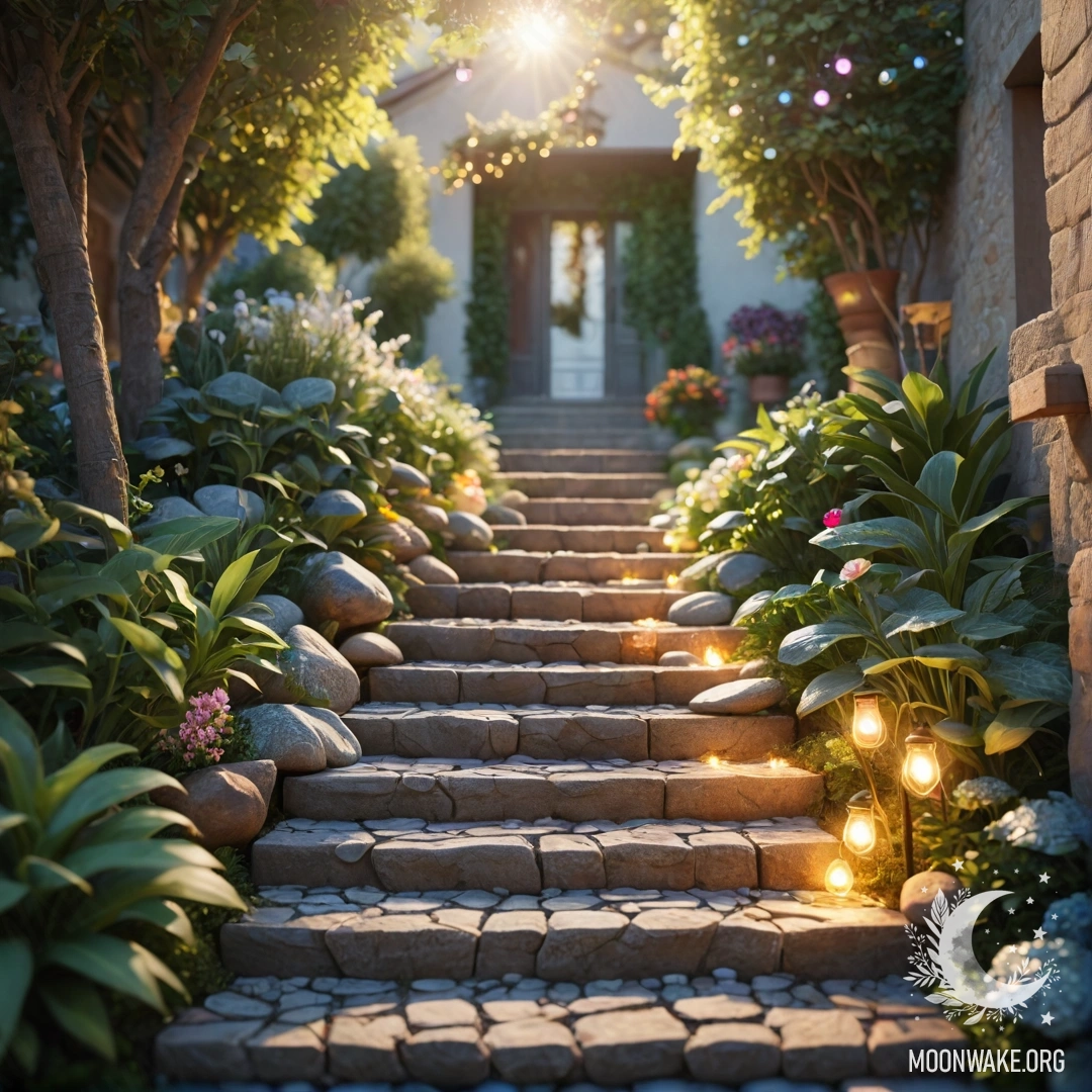 Живописный сад, украшенный световыми гирляндами, с каменной дорожкой и деревянной лестницей, освещённой солнечными лучами.