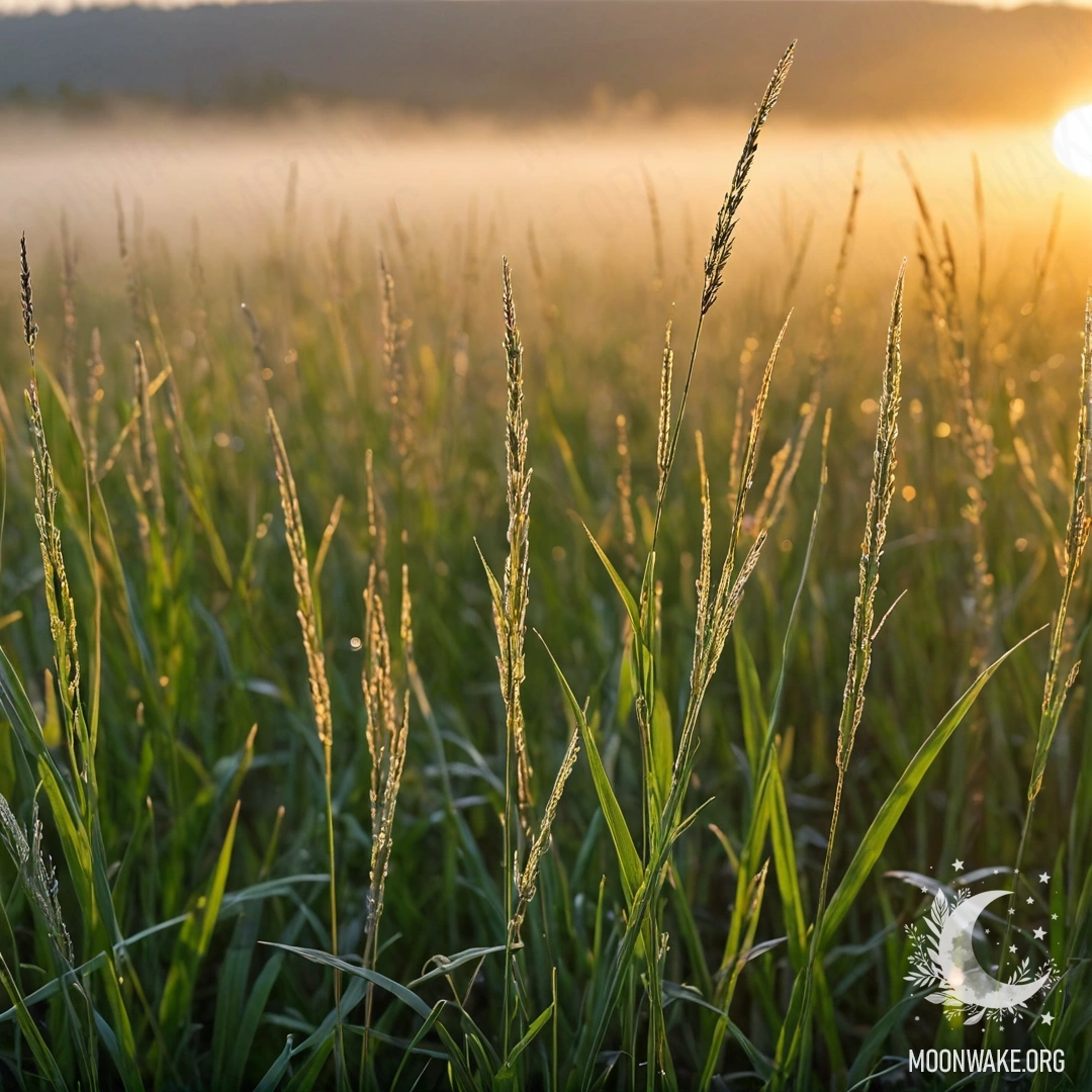Крупным планом трава на туманном поле во время заката.