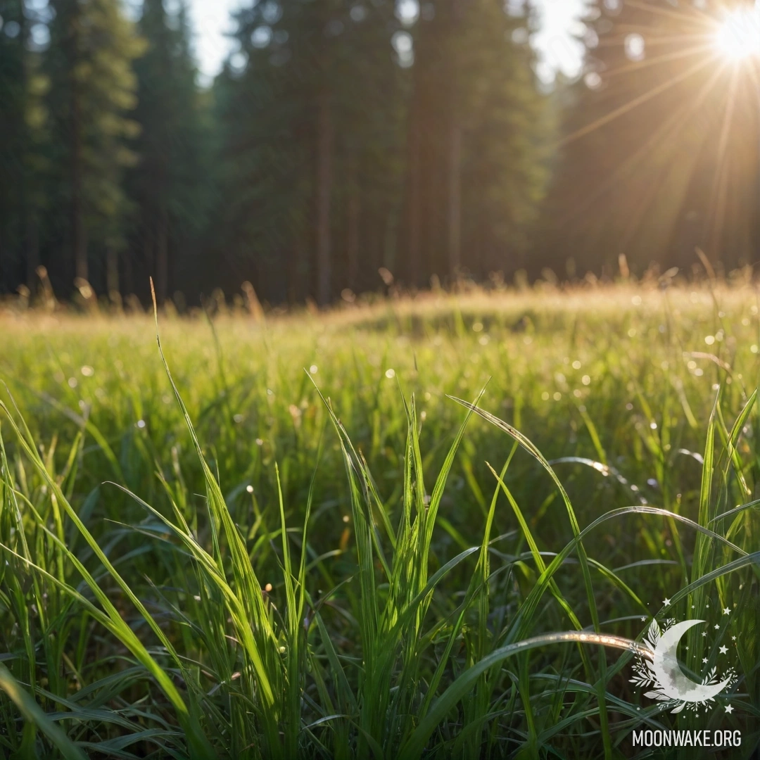Крупный план травяного поля с размытым лесом на фоне и световыми эффектами.