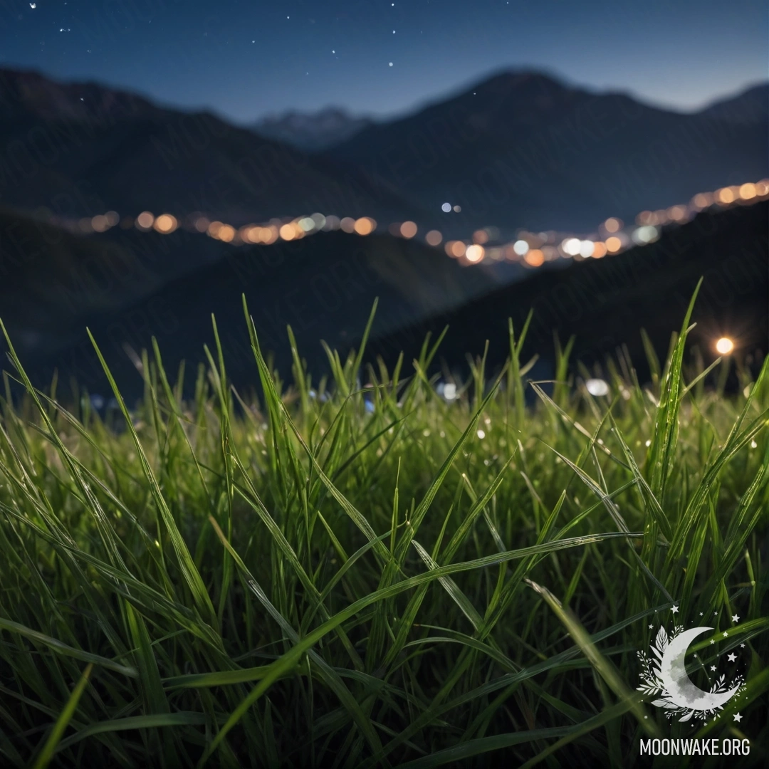 Крупный план травы на уютном поле с размытым фоном гор ночью.