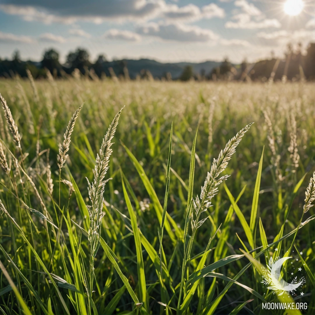Крупный план травы на солнечном поле на фоне размытого неба с облаками.