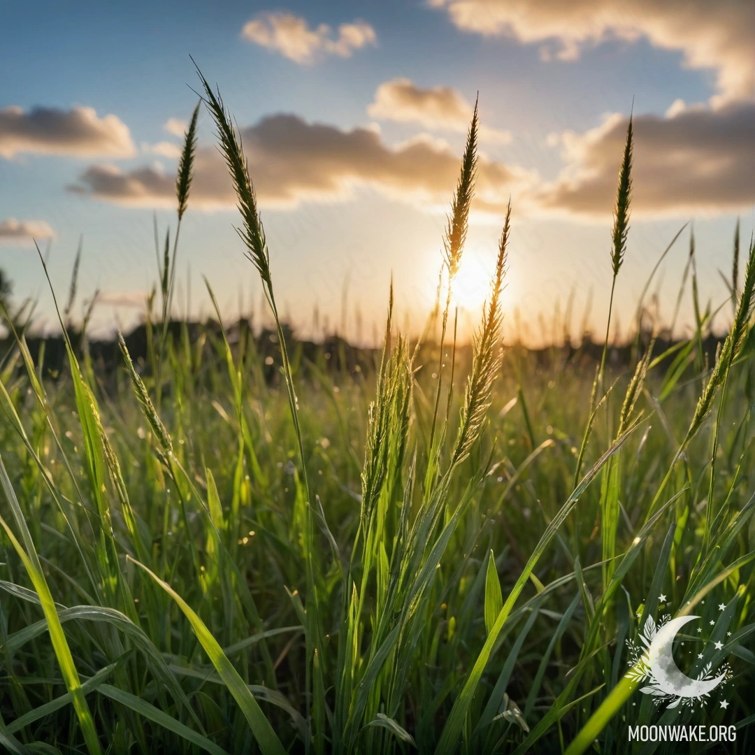 Крупный план травы на уютном поле с мечтательным боке-небом