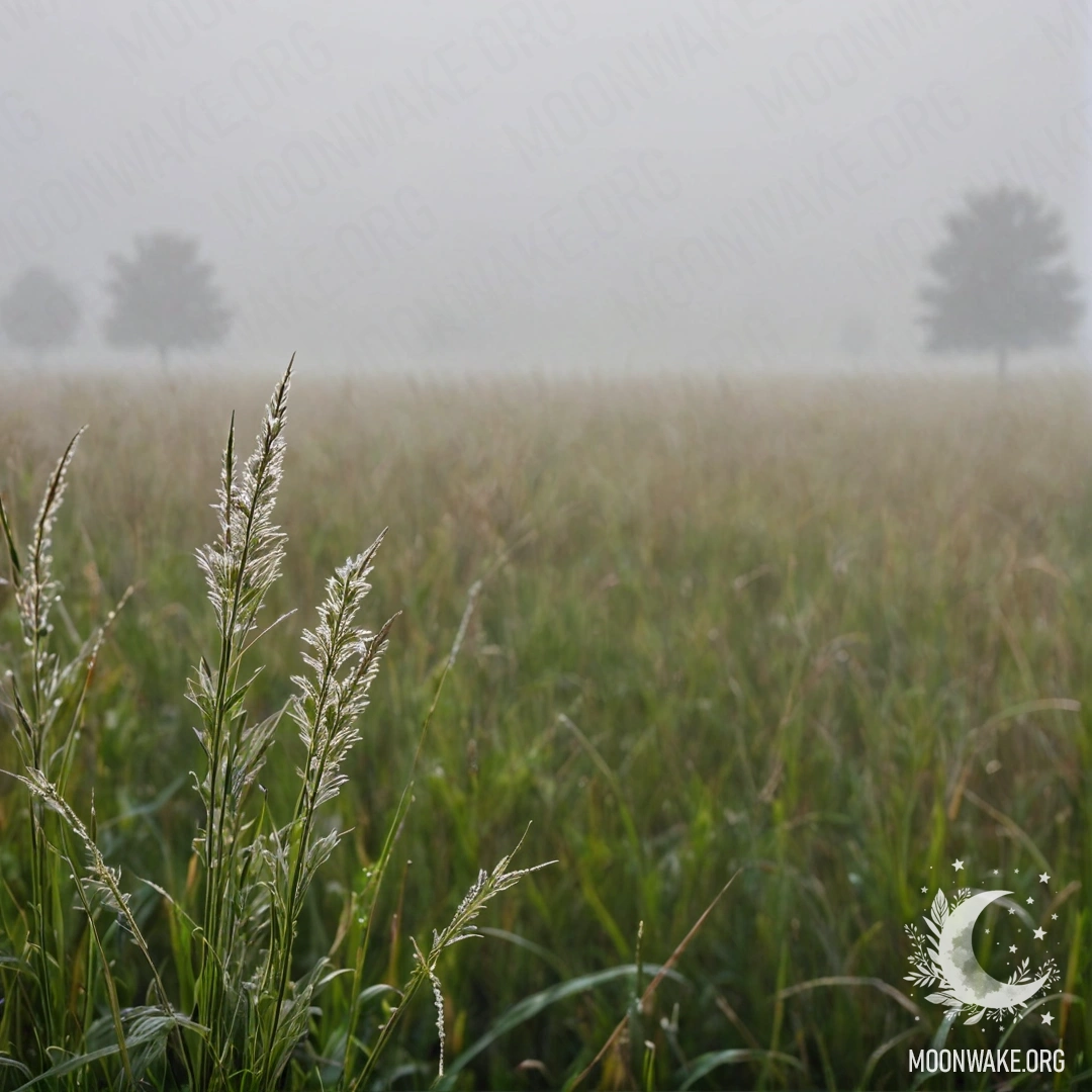 Крупный план травы на поле с размытым небом и облаками в тумане.