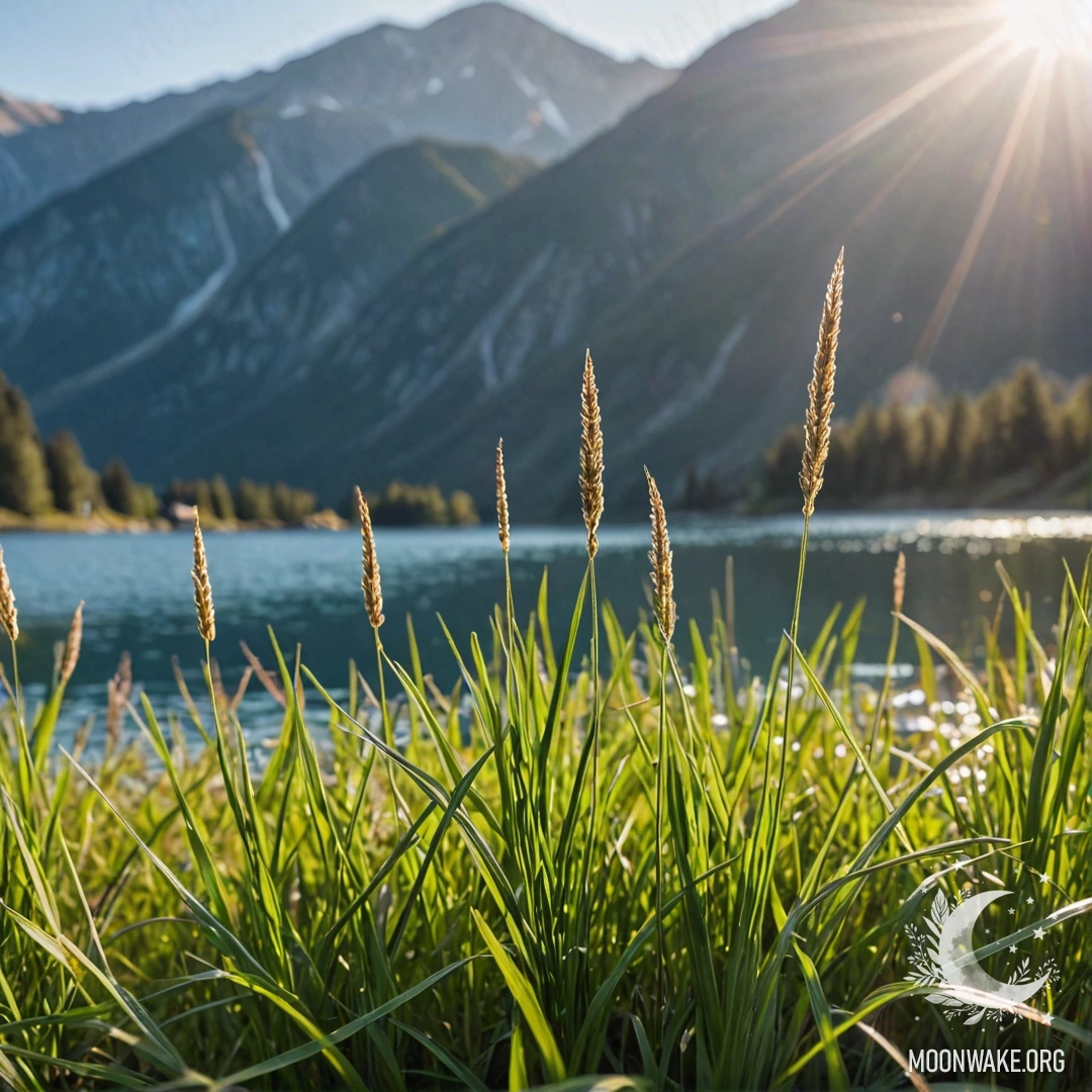 Крупный план травы на уютном поле с размытым горным озером на фоне в солнечный день.