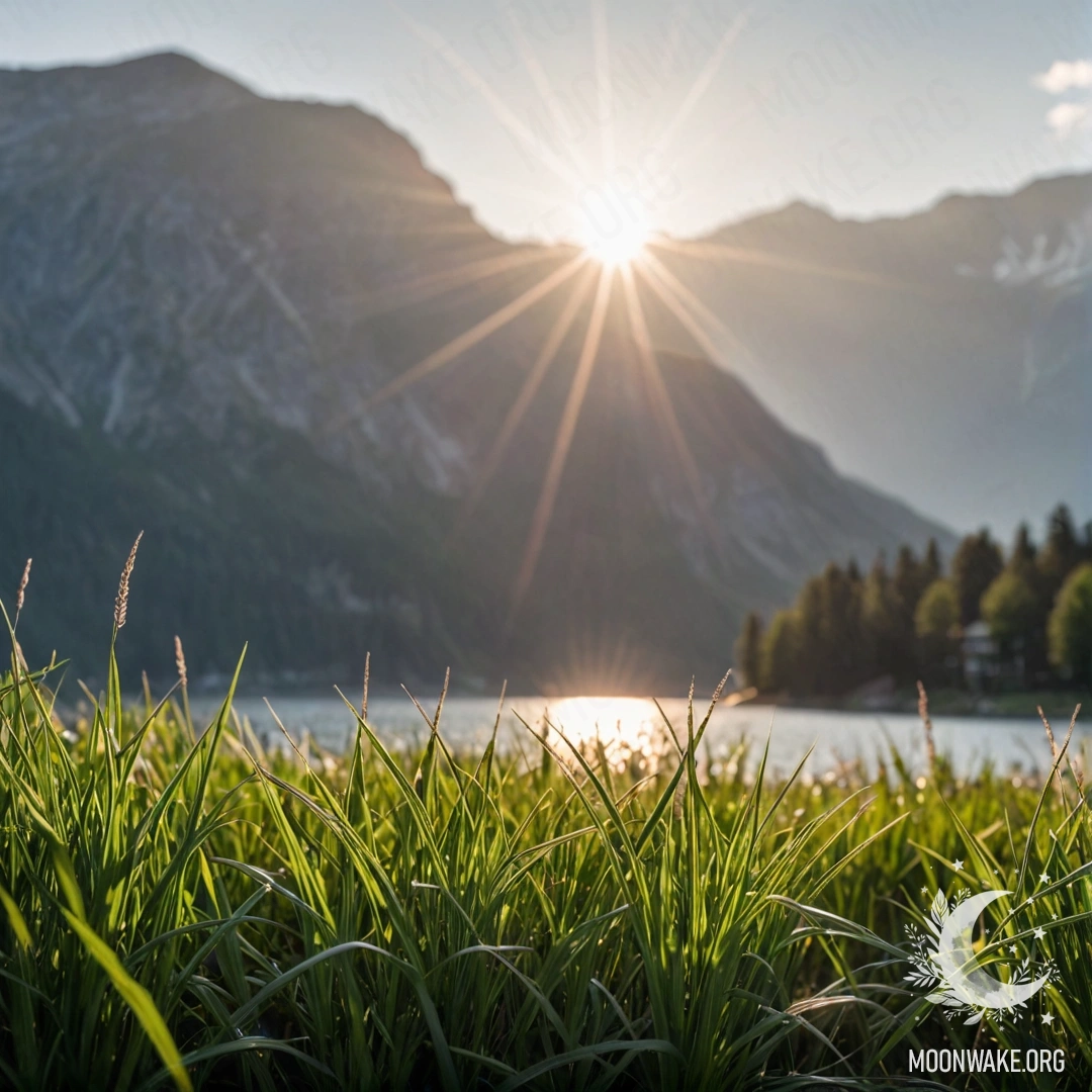 Крупный план травы на поле, с размытым горным озером и солнечными лучами на заднем плане.