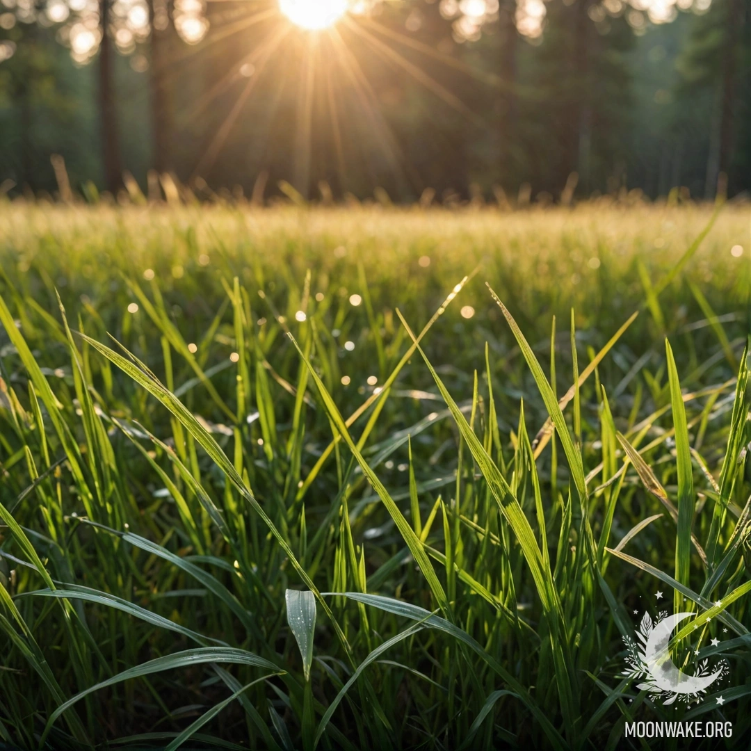 Крупный план травы на поле с размытым лесом на фоне и солнечными лучами, пробивающимися ночью.