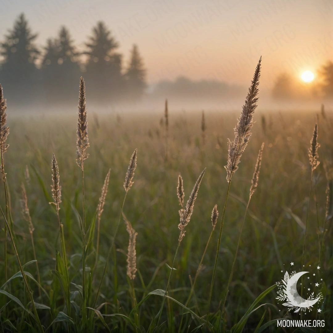 Крупный план травы на поле, освещённой закатом и окружённой густым туманом и мглой.