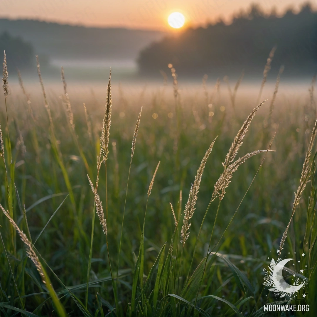 Крупный план травы на уютном поле с боке и туманом на закате.