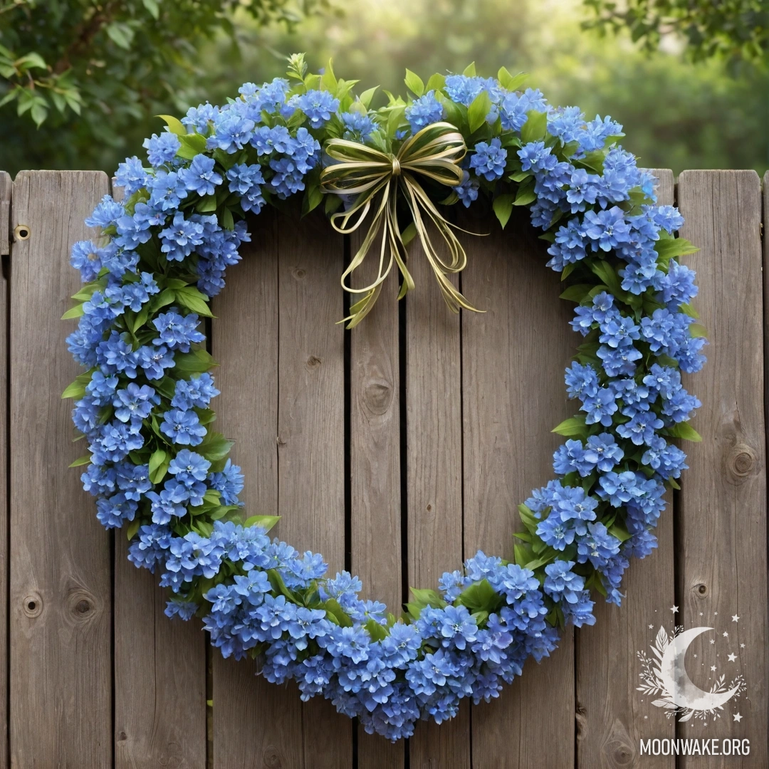 Близкий план старого деревянного забора, украшенного венком в форме сердца из синих цветов и гирлянды огней.