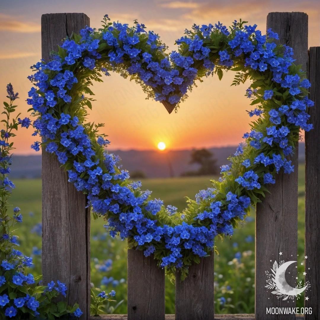 Крупный план старого деревянного забора с висящим венком в форме сердца из синих цветов на закате.