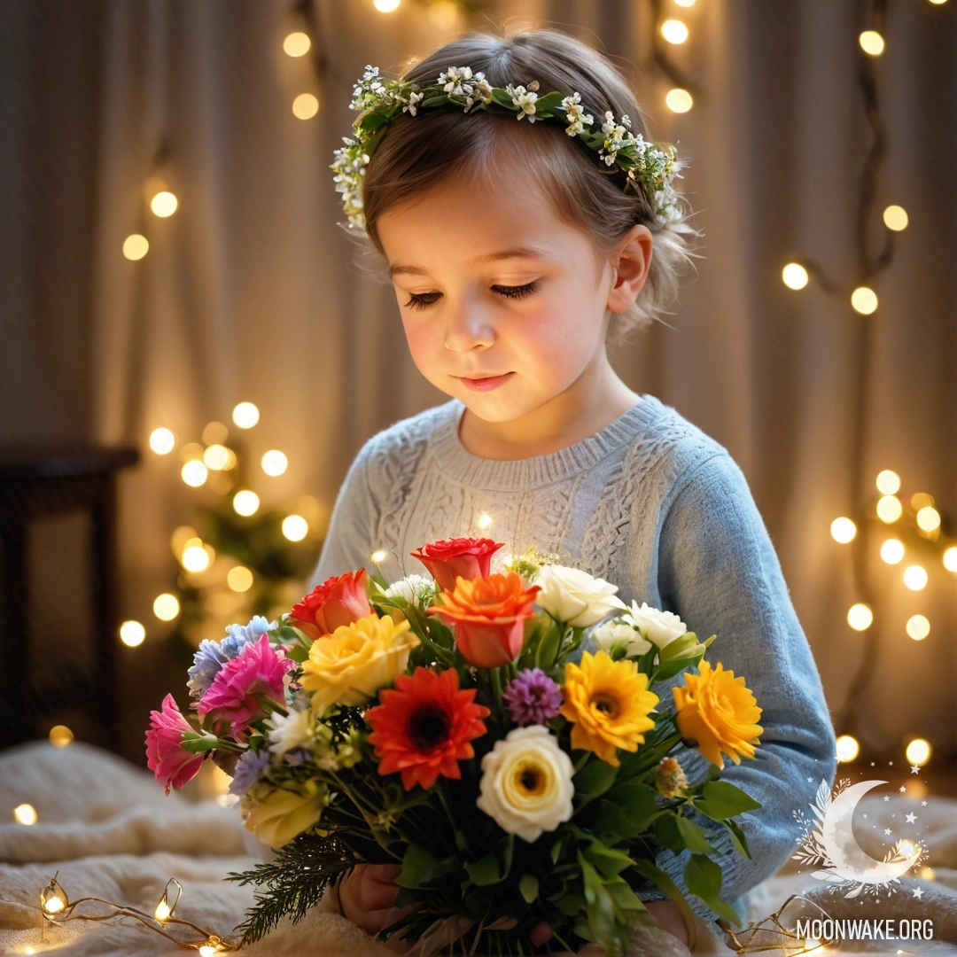 Маленький ребёнок нюхает букет ярких цветов, украшенный гирляндами светелок.