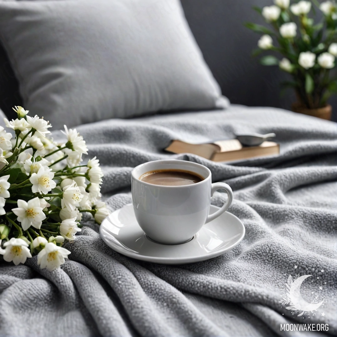 Крупный план белого кресла с серым вязаным пледом, книгой, белыми цветами и чашкой кофе под дождем.