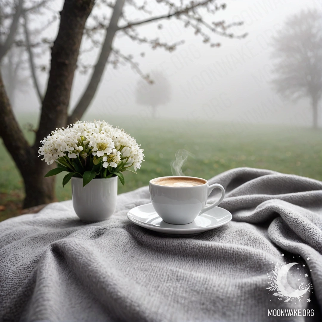 Крупный план милого белого стула с серым вязаным пледом, книгой, веткой с белыми цветами и белой чашкой кофе, окруженный густым туманом.
