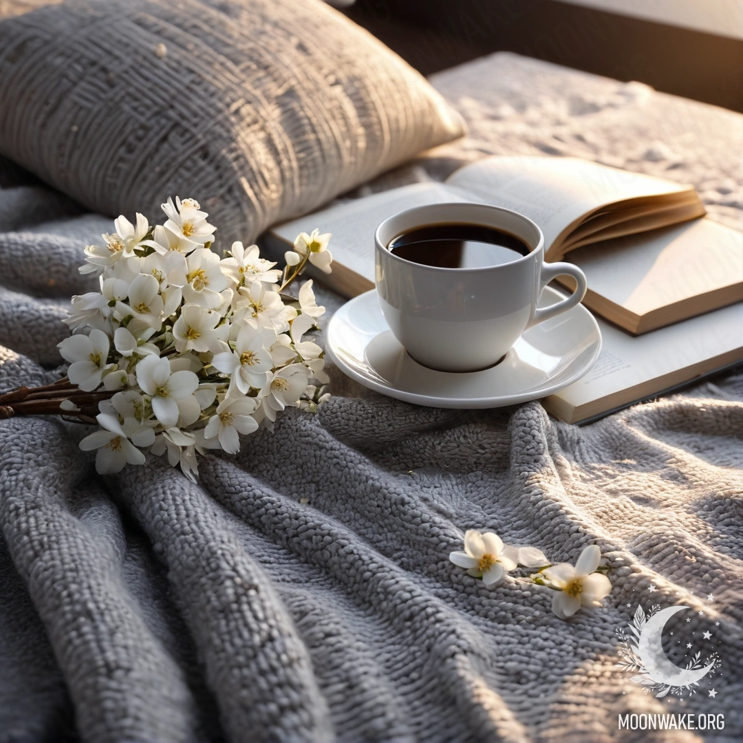 Спокойный крупный план белого кресла, на котором лежит серый вязаный плед, книга, веточка с белыми цветами и белая чашка кофе, окутанные теплым светом заката
