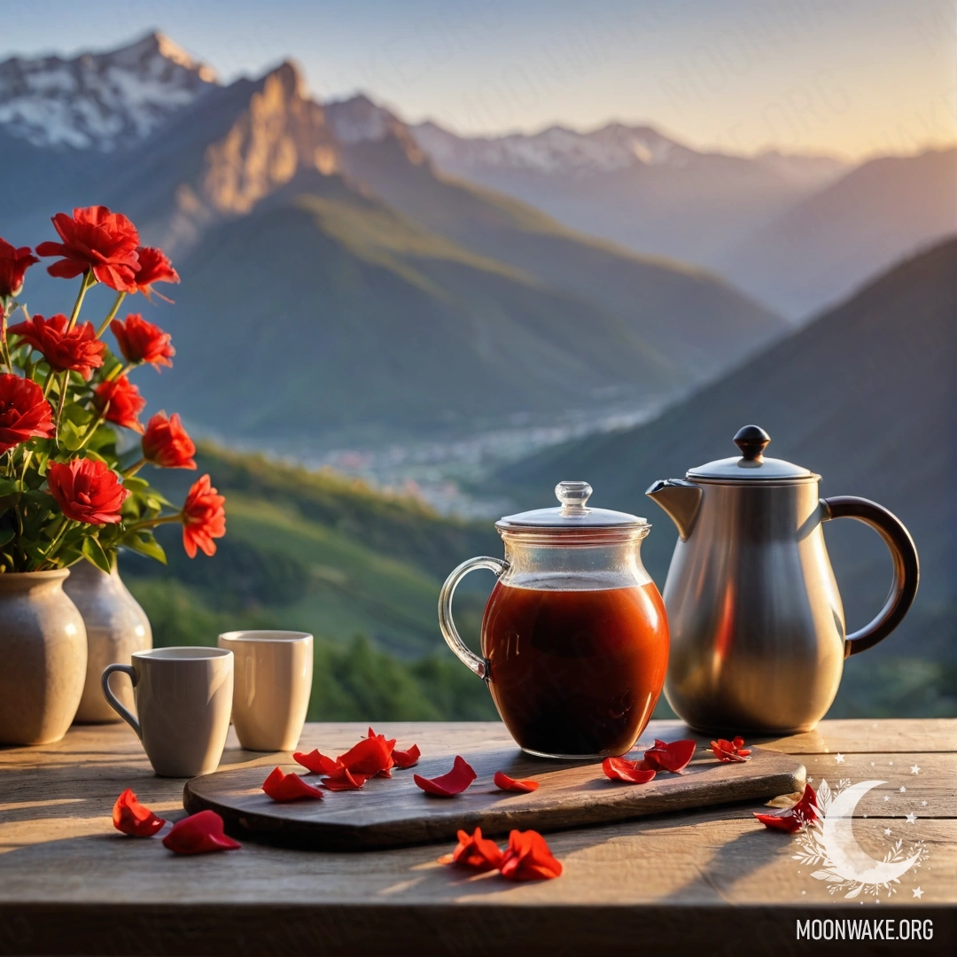 Абстрактный деревянный стол на фоне величественных гор, на котором стоят банка с красными цветами, кофейник и чашки на закате.