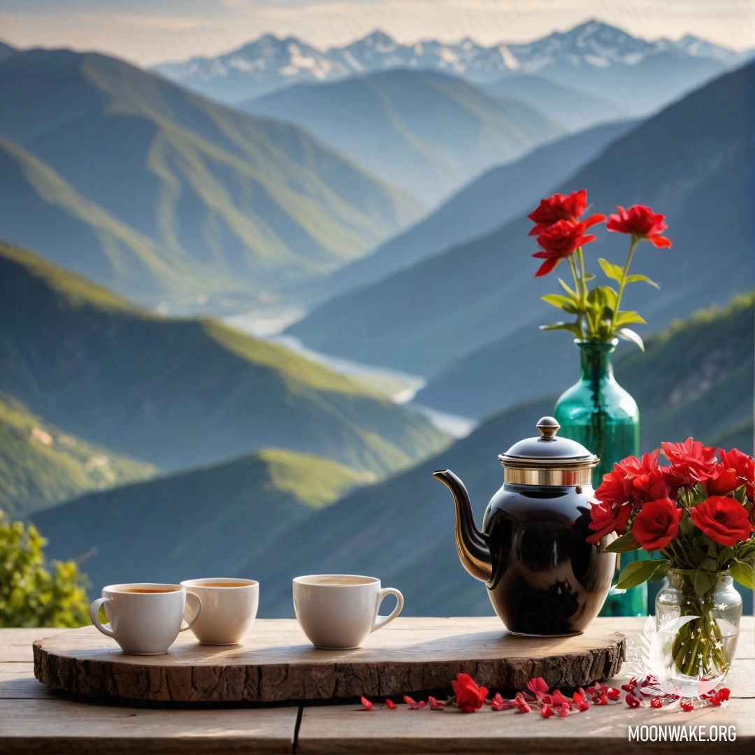 Абстрактный деревянный стол с банкой красных цветов, кофейником и чашками на фоне гор, освещённый тёплыми гирляндами.