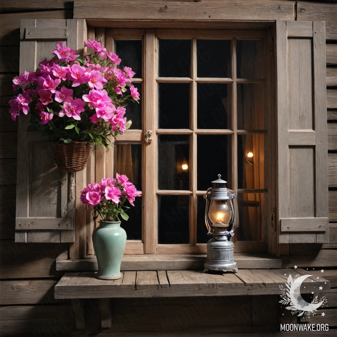 Потертое деревянное окно с ставнями, украшенное розовыми цветами и освещенное керосиновой лампой в ночное время.