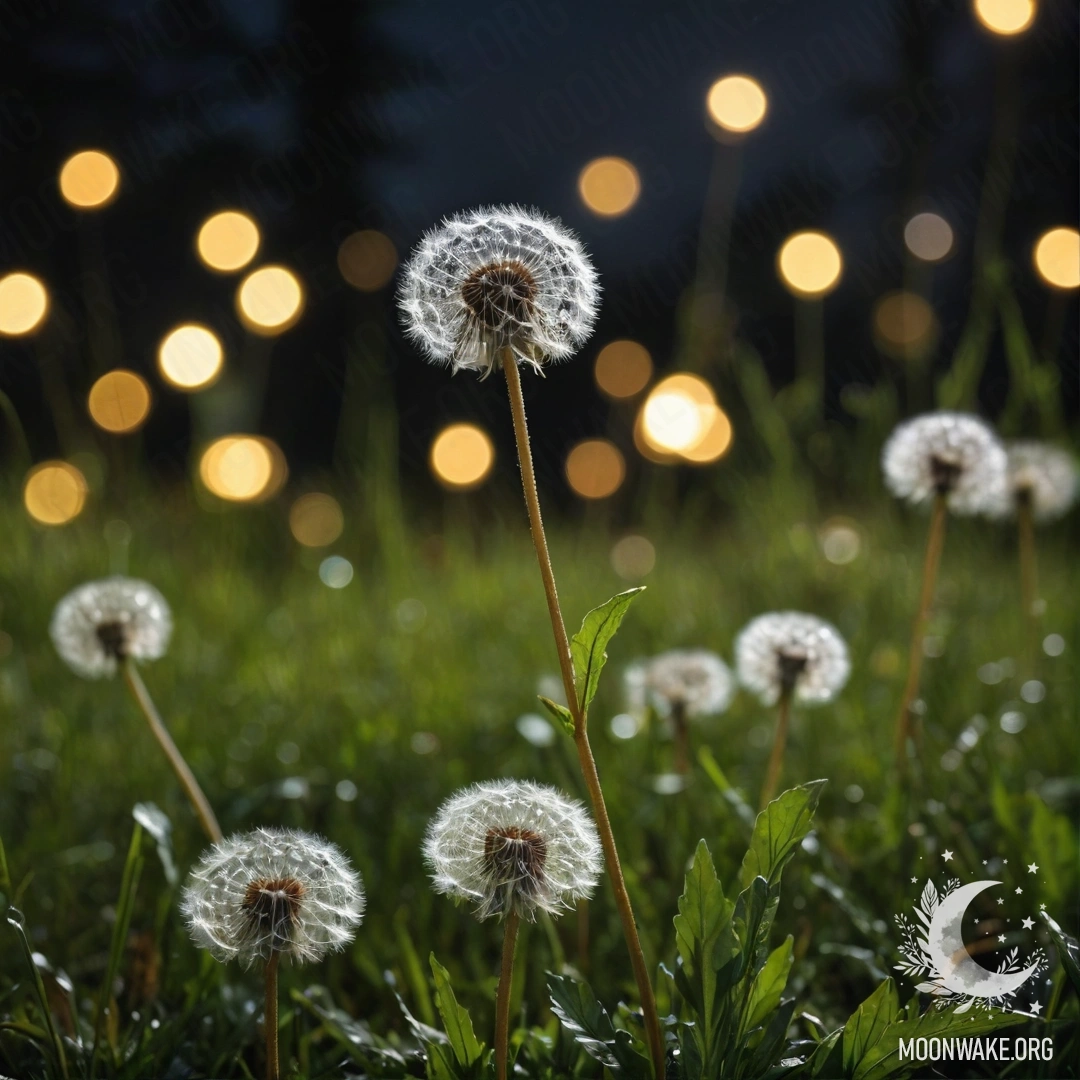 Крупный план одуванчиков на уютном поле с расплывчатым лесным фоном ночью.