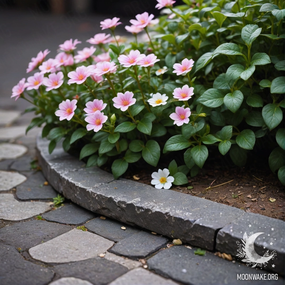 Старый каменный бордюр с маленькими белыми и розовыми цветами, растущими ночью.