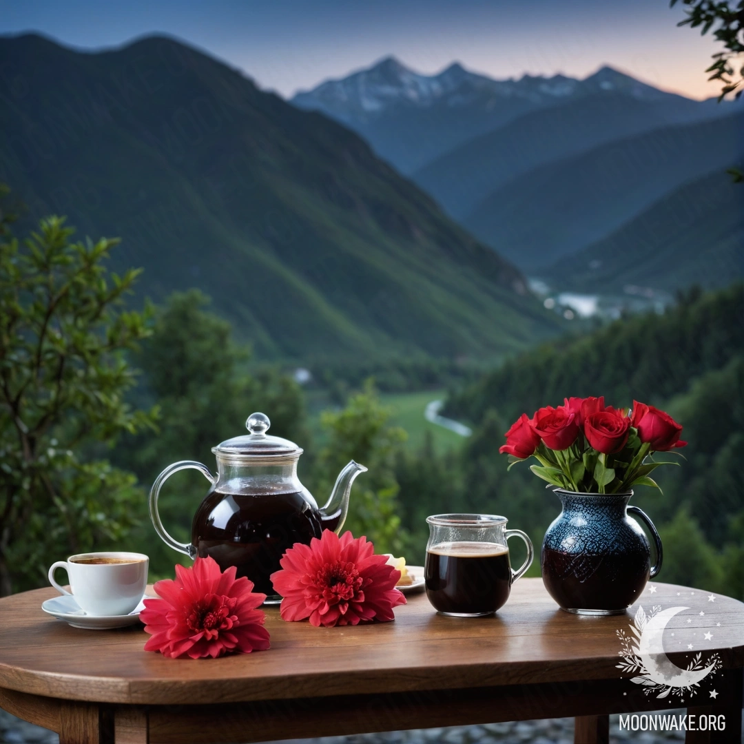 Деревянный стол с банкой красных цветов, кофейником и чашками на фоне гор ночью.