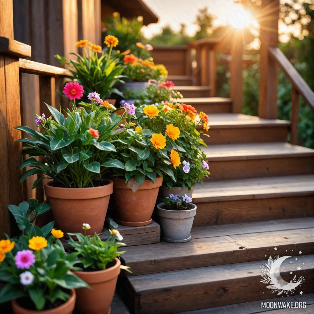 Деревянный стол с красными цветами, кофейником и чашками на фоне гор ночью.