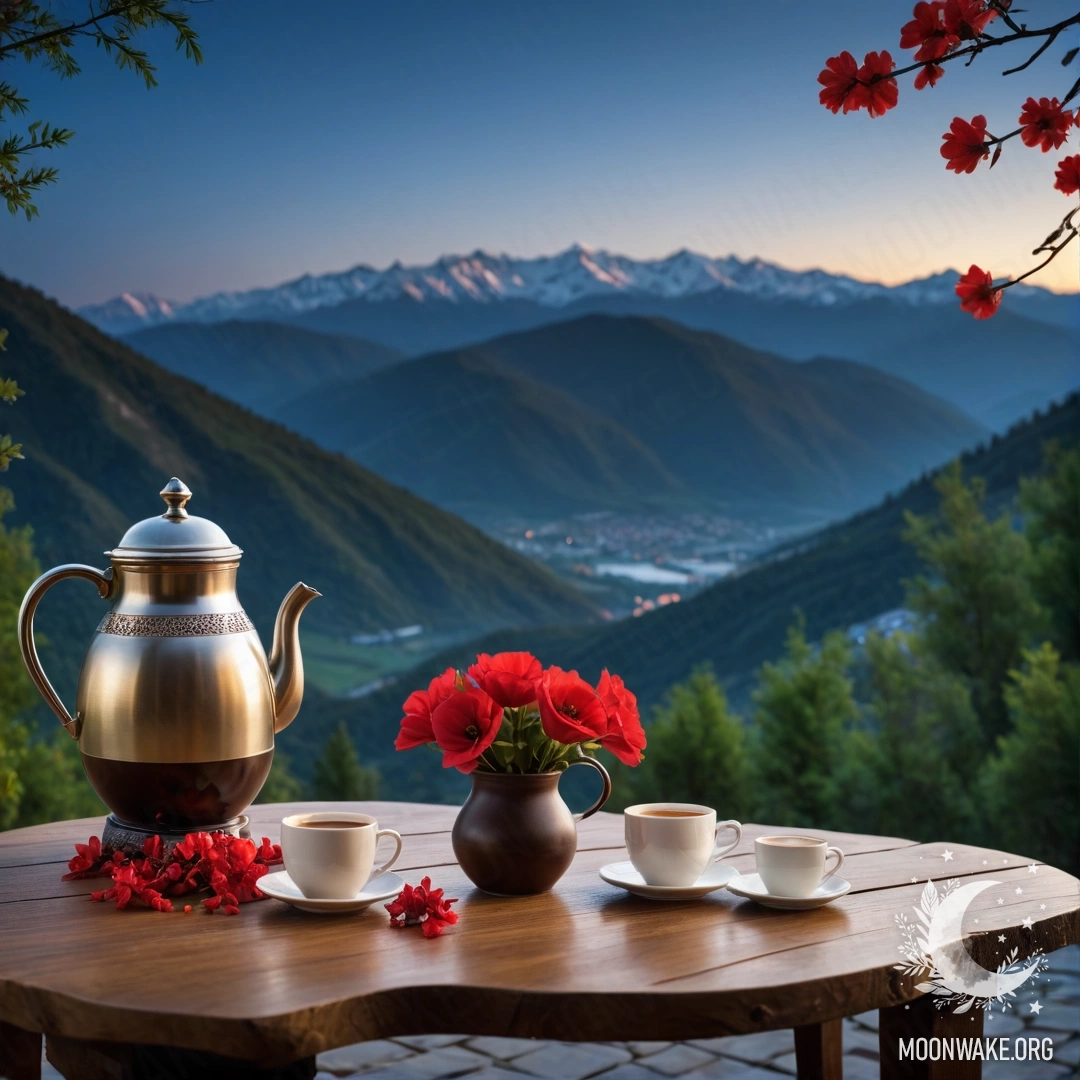 Деревянный стол с банкой красных цветов и кофейником на фоне гор ночью.
