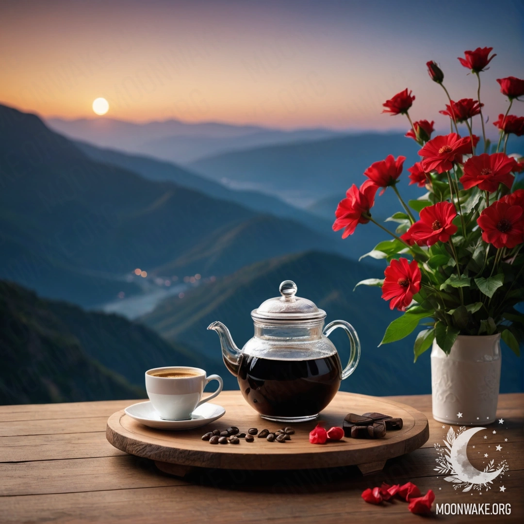 Деревянный стол, на котором стоят кофейник, чашки и банка с красными цветами на фоне гор ночью.