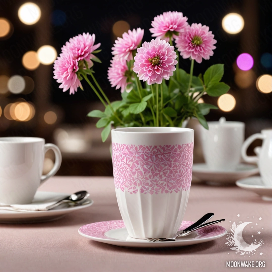 Уютная сцена с белыми фарфоровыми чашками и клевером в вазе ночью.