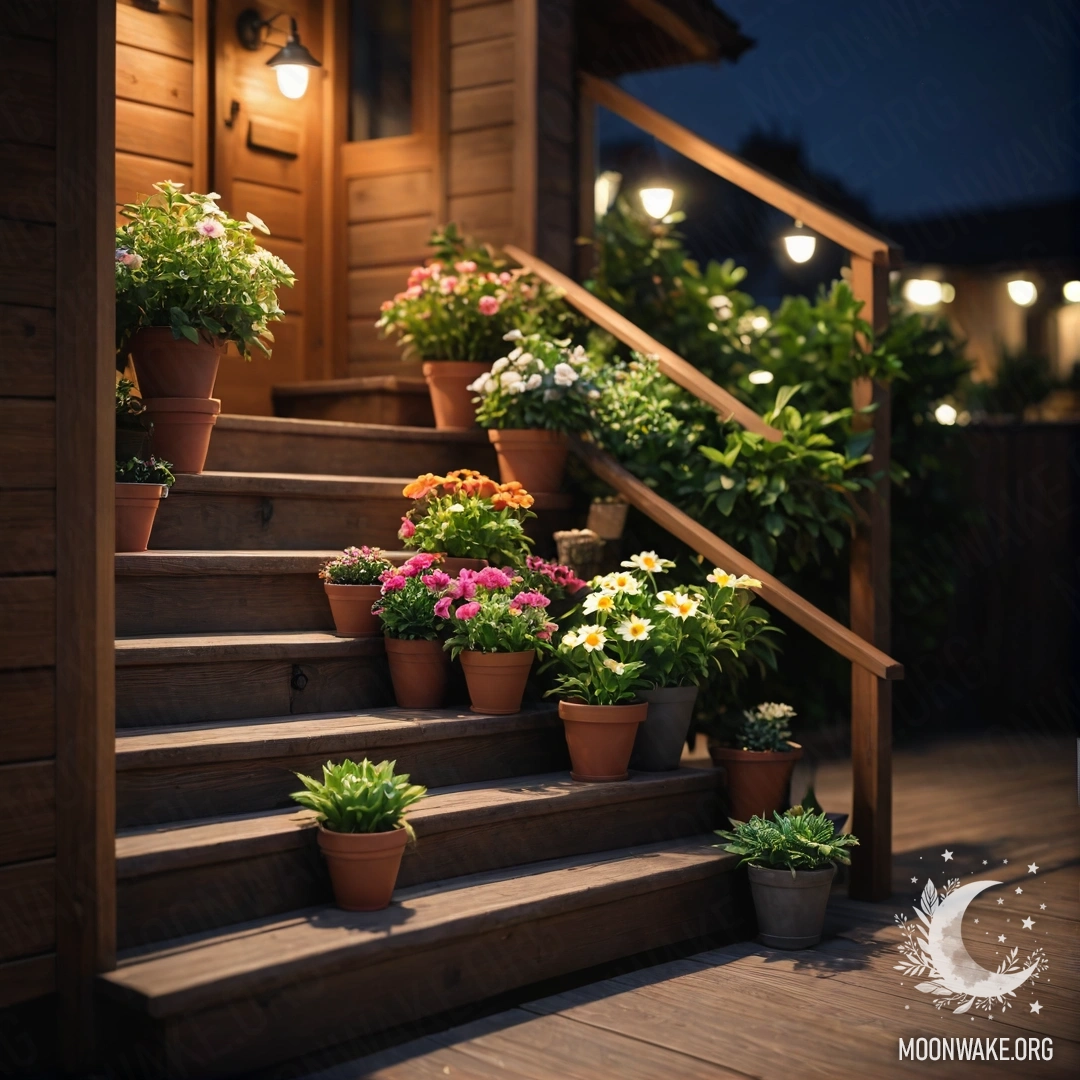 Деревянная лестница, украшенная цветочными горшками в ночное время.