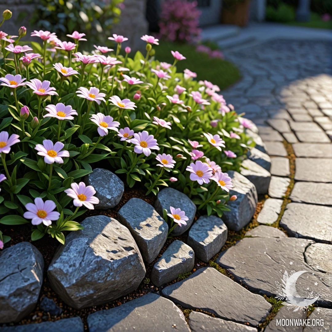 Старый каменный бордюр с белыми и розовыми цветами, растущими за ним, ночью.