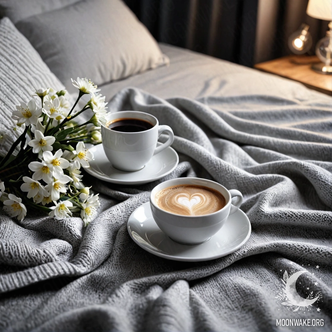 Романтичный крупный план белого кресла с серым вязаным пледом, книгой, веткой с белыми цветами и белой чашкой кофе на нем ночью.