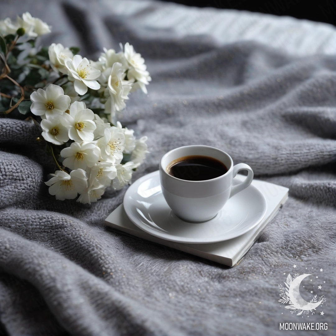 Мирный белый стул с серым вязаным пледом, книгой, веточкой с белыми цветами и белой чашкой кофе ночью.