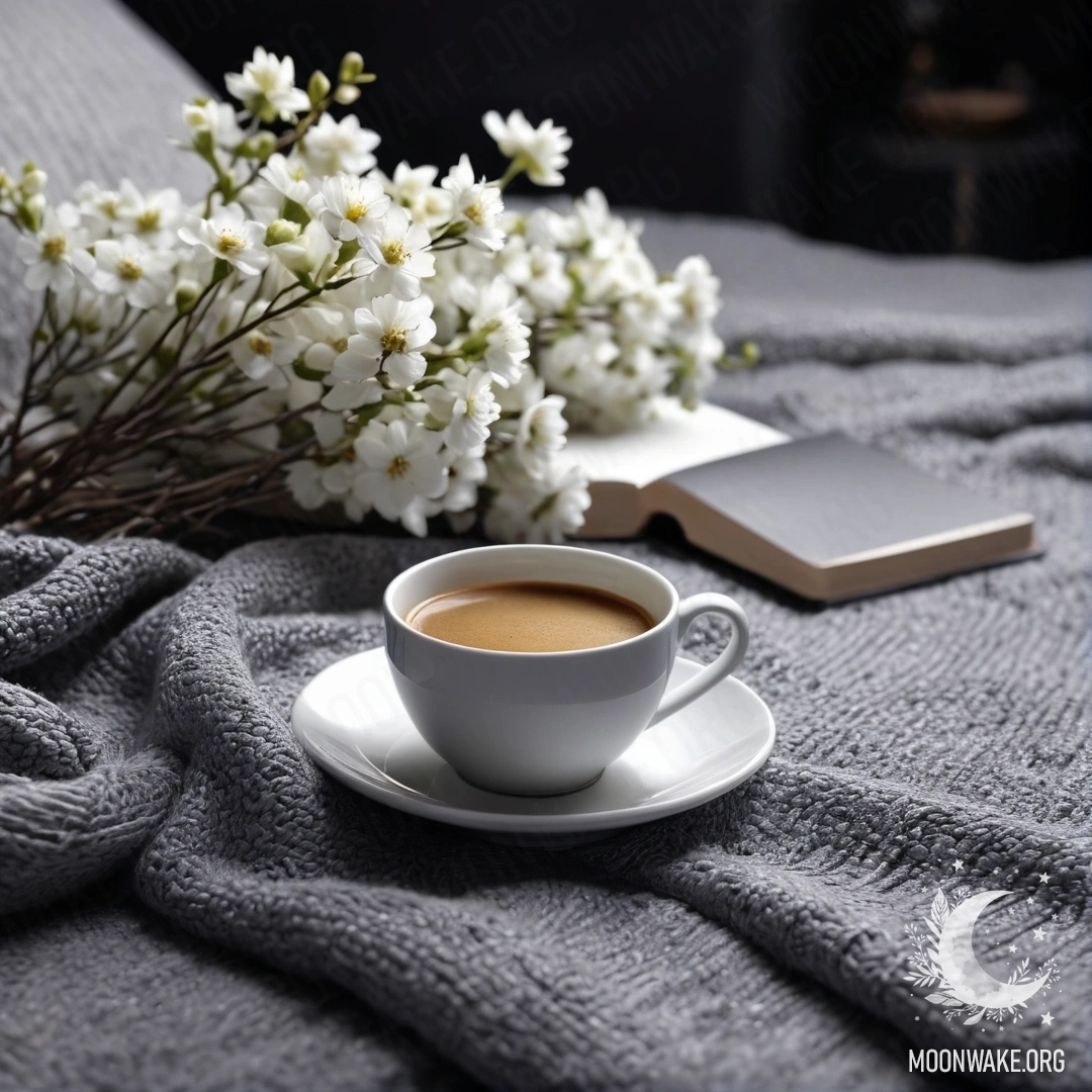 Крупный план уютного белого стула, на котором лежит серый вязаный плед, книга, веточка с белыми цветами и белая чашка кофе ночью.