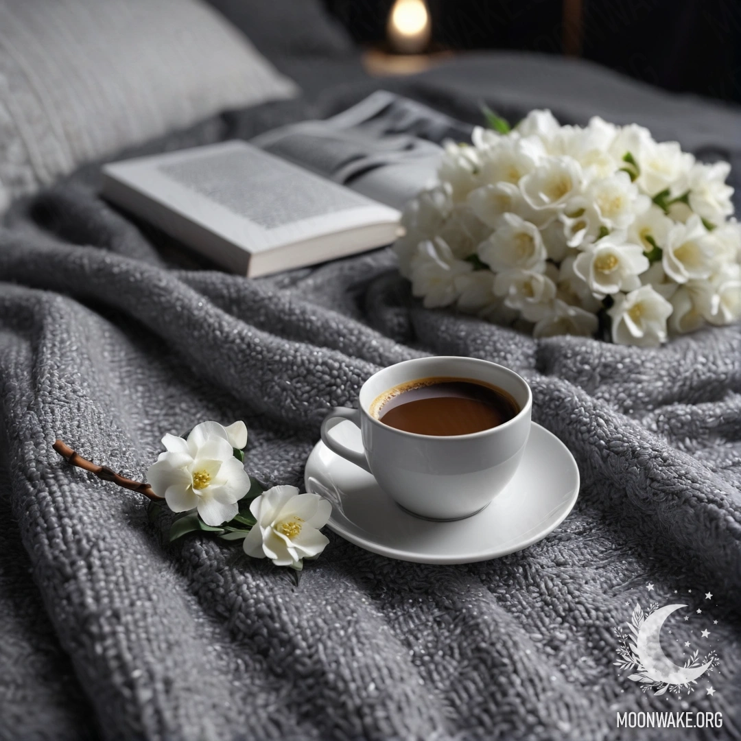 Мирный белый стул, на котором лежит серое вязаное одеяло, книга, ветка с белыми цветами и белая чашка кофе в ночное время.