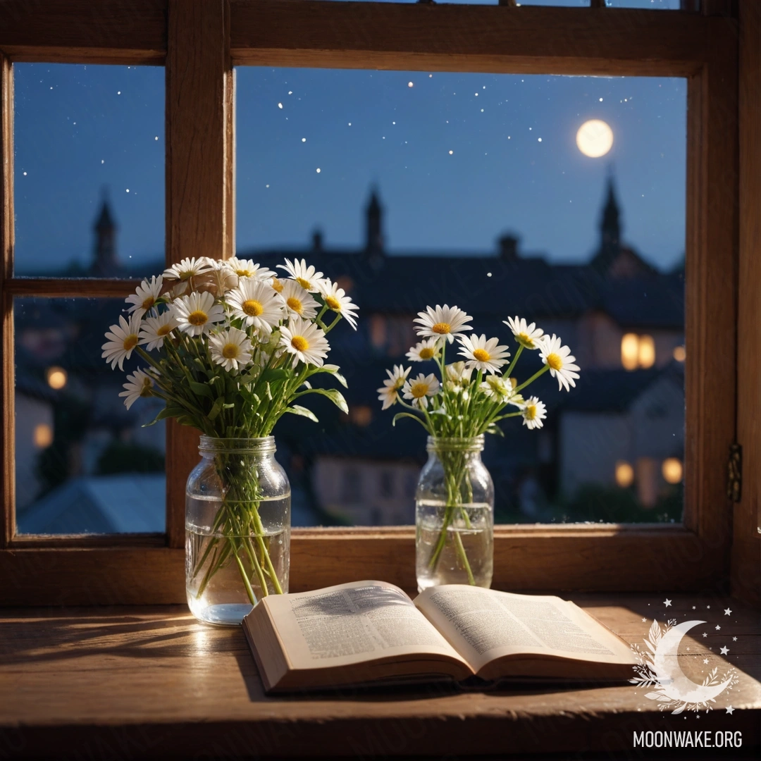 Старый деревянный подоконник с банкой ромашек и открытой книгой ночью.